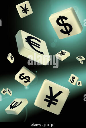 Yen, euro e dollaro su pezzi di gioco, Foto Stock