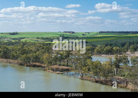 Blu cielo nuvoloso sopra il fiume Murray rivestita con gomma alberi e cercato la spazzola con sole filtrata attraverso le nuvole su campi verdi in background Foto Stock