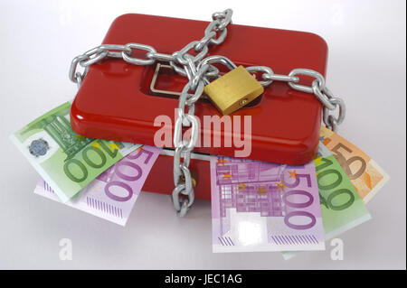 Cashbox, catena, bloccate, banconote, copia square, isola, cartuccia, denaro, lock up, cassaforte, monetaria la cassaforte e la cassa, denaro, banca nota, reddito, banconote, salvati strettamente, bloccare, denaro, lucchetto, finito, chiudere, euro, bloccare, legale station wagon, risorse finanziarie, monetarie cassa, Foto Stock