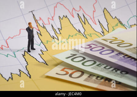 Le banconote in euro, di carattere grafico, euronotes, banconote, denaro, business, stock, tasso di cambio, grafico quota di prezzo, stock exchange, valuta, azionista, uomo, imprenditore, speculatore, euro, denaro, banconote, euronotes, abbonamento, tasso di cambio, finanze, banca, prezzo di mercato, fluttuazione, speculare, commercio, stock commerciali, capitale, legale station wagon, investimenti, trend, economia, economia di denaro, bond, utili, perdite, Foto Stock