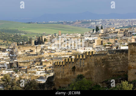 Il Marocco, fez, vista città, Medina, Africa, Città Vecchia, la costruzione di case, architettura, UNESCO-patrimonio culturale mondiale, destinazione, luogo di interesse, storicamente, le mura della città, Foto Stock