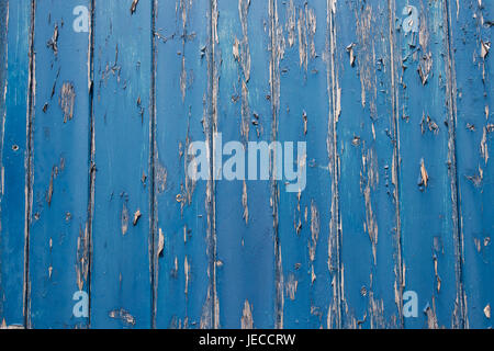 La pelatura di vernice blu sulla porta di legno Foto Stock
