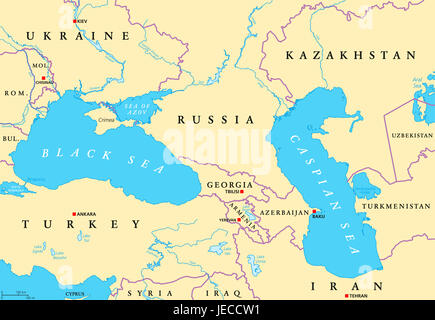 Il Mar Nero e il Mar Caspio regione mappa politico con capitelli, i bordi dei fiumi e dei laghi. Corpi di acqua tra Europa orientale e Asia occidentale. Foto Stock