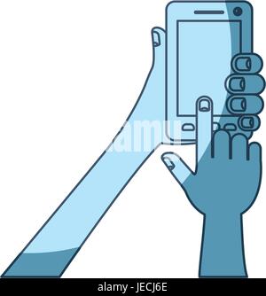 Ombreggiatura blu silhouette di mani tenendo lo smartphone Illustrazione Vettoriale