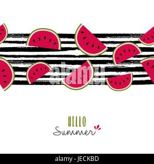 Ciao estate greeting card design preventivo con cocomero seamless pattern su grunge spazzola di vernice sullo sfondo. EPS10 vettore. Illustrazione Vettoriale