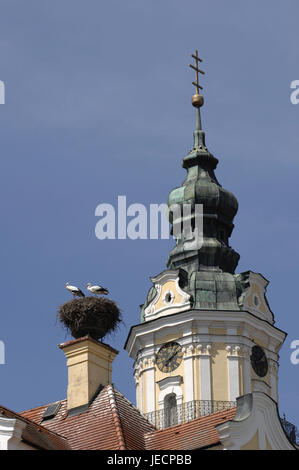 In Germania, in Baviera, Donauwoerth, chiostro Heilig croce, Steeple, tetto, camino, Stork|s nido, Foto Stock