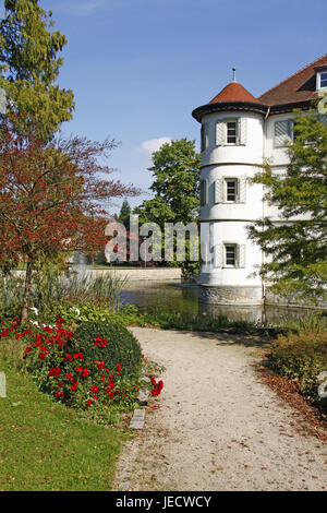 Germania, Baden-Württemberg, bagno Rappenau, moated castle, serratura, architettura, costruzione, struttura, modo, bloccare giardino, lago, fiori, acque, tower Foto Stock