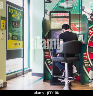 Uomo che utilizza il gioco di Roulette macchina (FOBT fixed odds betting terminale) in Bookmakers in Inghilterra, Regno Unito Foto Stock