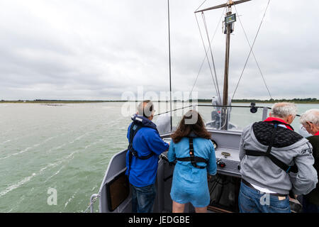 Vista da dietro come tre persone sostare sul ponte sul ponte della P22 ripristinato sul fiume Reno motovedetta pilotarla lungo un fiume.w da dietro come tre Foto Stock