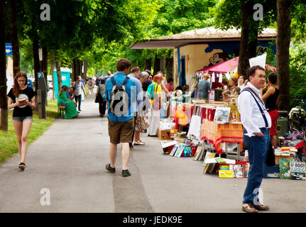 Monaco di Baviera, Germania. Il 24 giugno 2017. Prenota il mercato delle pulci con bellissimo tempo caldo presso il fiume Isar passeggiata nel centro di Monaco di Baviera: libri usati per leggere, sfogliare e comprare sotto gli alberi con un RIVE-GAUCHE-come affascinante sensazione Credito: Luisa Fumi/Alamy Live News Foto Stock