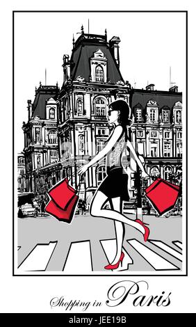 Le donne per fare shopping a Parigi - illustrazione vettoriale Illustrazione Vettoriale