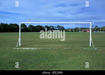 Parco giochi di calcio in Australia. Parco giochi di calcio con pali, proiettori, alberi e una gru in lontananza. Foto Stock