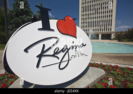 Canada, Saskatchewan, Regina, municipio, ben, segno, "Io amo la Regina", la Regina Elisabetta II corte, Foto Stock