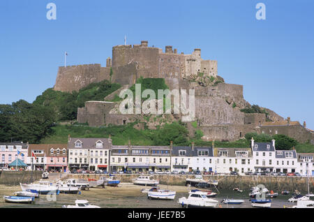 Gran Bretagna, le Isole del Canale e isola Jersey, Gorey, vista locale, Castello di Mont Orgueil, porto, l'Europa, luogo, case, terrazza, case residenziali, castello, medievally, cultura, luogo di interesse, edificio, architettura, turismo, barche, bassa marea, Foto Stock