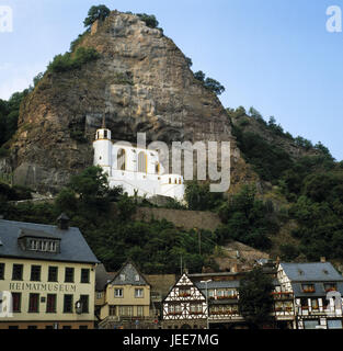 In Germania, in Renania Palatinato, Idar-Oberstein, città panorama, chiesa rupestre, Hunsrück, chiudere Valley, vicino, città, vista città, rock, scogliera, bile cunetta, chiesa, case, case, semi-case con travi di legno, edifici, museo, casa museo, hill, bloccare, bloccare la rovina, castello, rovina, rimane, cultura e luoghi di interesse, punti di riferimento, famosi in tutto il mondo, Foto Stock