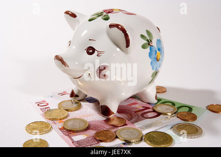 Salvadanaio, le banconote e le monete in euro,, studio, oggetto fotografia, denaro, banconote, note, modificare hard money, unità di valuta, moneta unica, i mezzi di pagamento, Europeo, economia stagno, poco salvadanaio, risparmi, salva la parsimonia, risparmi, Foto Stock