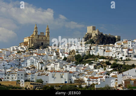 Vista locale, chiesa, castello, Olvera, Andalusia, Spagna Foto Stock