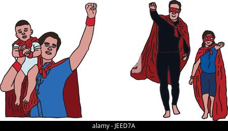 Vector icon set di papà e figlio in costume da supereroe Illustrazione Vettoriale