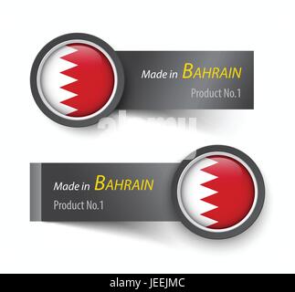 Icona bandiera ed etichetta con testo made in Bahrain . Illustrazione Vettoriale