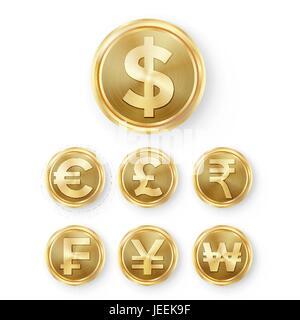 Le monete d'oro impostato vettore. Realistico segno di denaro. Dollaro, Euro, GBP, rupia, Franc Renminbi Yuan ha vinto Illustrazione Vettoriale
