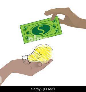 Idea di business concetto. Mani tenendo un dollaro di verde e di una lampadina. Illustrazione di vettore per il design. Su sfondo bianco. Illustrazione Vettoriale