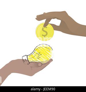 Idea di business concetto. Mani tenendo una moneta e una lampadina. Illustrazione di vettore per il design. Su sfondo bianco. Illustrazione Vettoriale
