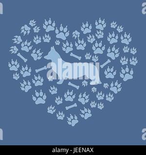 Bella immagine di Welsh Corgi Pembroke silhouette su uno sfondo di cane le vie e le ossa in forma di cuore su uno sfondo colorato. Illustrazione Vettoriale