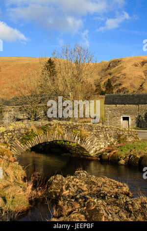 Stone Packhorse Bridge. La pietra packhorse Bridge crossing Watendlath Beck in Watendlath, Cumbria sopra Derwentwater nel Lake District inglese. Foto Stock