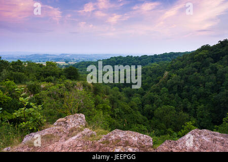 Serata estiva vista sulla gola Ebbor Riserva Naturale Nazionale in Mendip Hills, Somerset, Inghilterra. Foto Stock