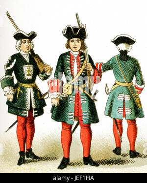 Le figure qui rappresentate sono il popolo francese dal 1700 al 1750 D.C. Essi sono, da sinistra a destra: un palazzo di guardia e due guardie sotto Luigi XV. L'illustrazione risale al 1882. Foto Stock