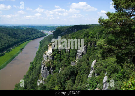 L'Elba con il re di pietra, Svizzera Sassone, Sassonia, la Repubblica federale di Germania, Die Elbe bei Koenigstein, Saechsische Schweiz, Sachsen, Bundes Foto Stock