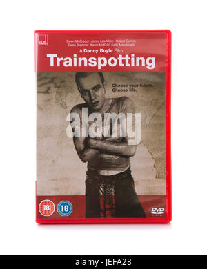 SWINDON, Regno Unito - 24 giugno 2017: Trainspotting DVD da Danny Boyle, film di culto dal 1996 Foto Stock