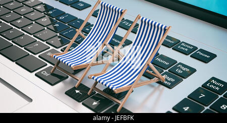 Sognando la vacanza estiva. Sedie a sdraio su un computer. 3d illustrazione Foto Stock