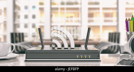 Nero router wifi in un ufficio dello sfondo. 3d illustrazione Foto Stock