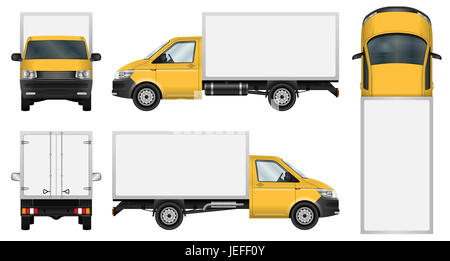 Consegna giallo van modello. Isolato mini carrello su sfondo bianco. Foto Stock