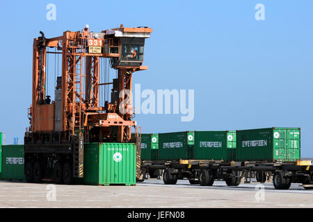 ROTTERDAM - Settembre 6, 2015: Straddle Carrier movimentazione di contenitori in un terminale marittimo nel porto di Rotterdam Foto Stock