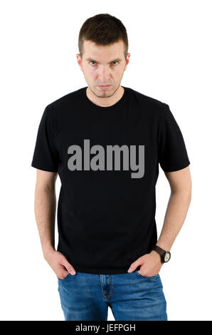 Arrabbiato uomo pericoloso in black t-shirt modello per il vostro progetto. Uomo isolato su sfondo bianco Foto Stock