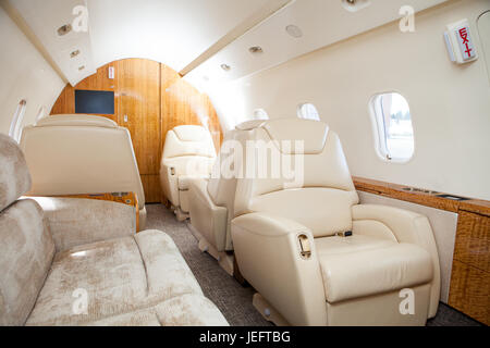 Interno in colori luminosi di vera pelle nel business jet Foto Stock