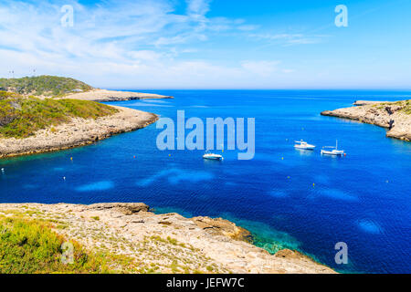 Motore e barche da pesca sul mare blu in Cala Portinatx bay, isola di Ibiza, Spagna Foto Stock