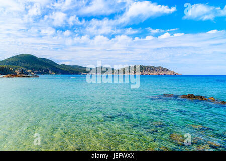 Acqua del mare turchese sulla costa di Isola di Ibiza in Es Figueral bay, Spagna Foto Stock
