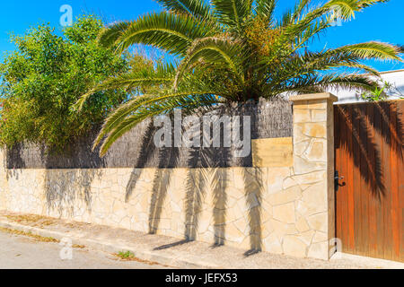 Porta alla bella casa con le palme in giardino nella città di San Antonio, Ibiza, Spagna Foto Stock