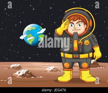 Astronauta in tuta nera in piedi sul pianeta illustrazione Illustrazione Vettoriale