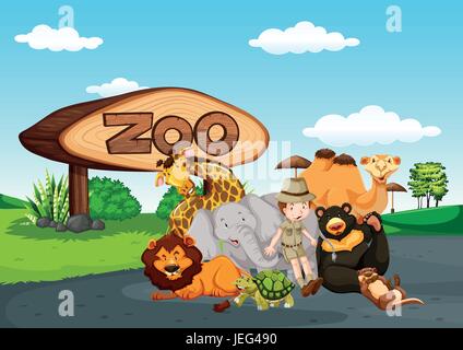 Zoo in scena con molti animali selvatici illustrazione Illustrazione Vettoriale