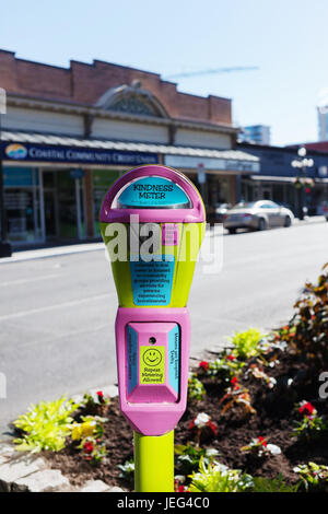 Rosa e giallo misuratore di cortesia per aiutare con il fenomeno dei senzatetto. Victoria, BC, Canada Foto Stock