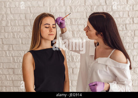 Master cosmetologo dipinta su sopracciglia femminile nel salone di bellezza Foto Stock