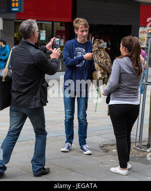 Newcastle-upon-Tyne, Inghilterra, Regno Unito. Northumberland Street scene. Padre figlio di fotografia tenendo un gufo. Foto Stock