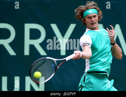 Halle, Germania. Il 25 giugno, 2017. Alexander Zverev della Germania restituisce la sfera durante gli uomini singoli match finale contro Roger Federer in Gerry Weber Open 2017 a Halle, Germania, il 25 giugno 2017. Credito: Joachim Bywaletz/Xinhua/Alamy Live News Foto Stock