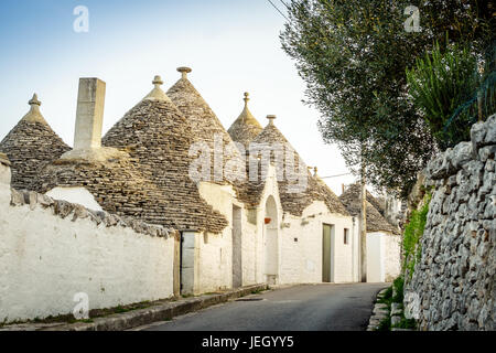 Street con i tradizionali trulli di Alberobello, Puglia, Italia Foto Stock
