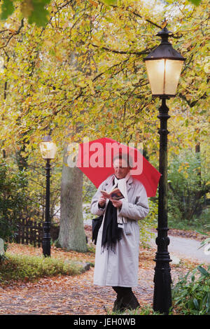 Mann, mittleren altera, mit Regenschirm bei Straßenlaterne, liest ein Buch | middleaged uomo con un ombrello accanto ad un lampione è la lettura di un libro Foto Stock