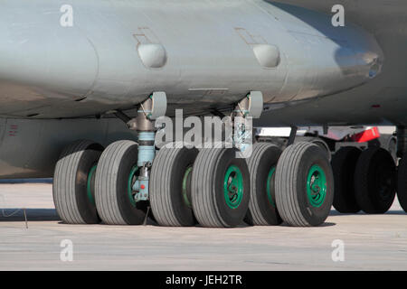 Diritto carrello principale di un Ilyushin Il-76 cargo aereo, mostrando twin sottocarro gambe con quattro ruote su ogni gamba Foto Stock